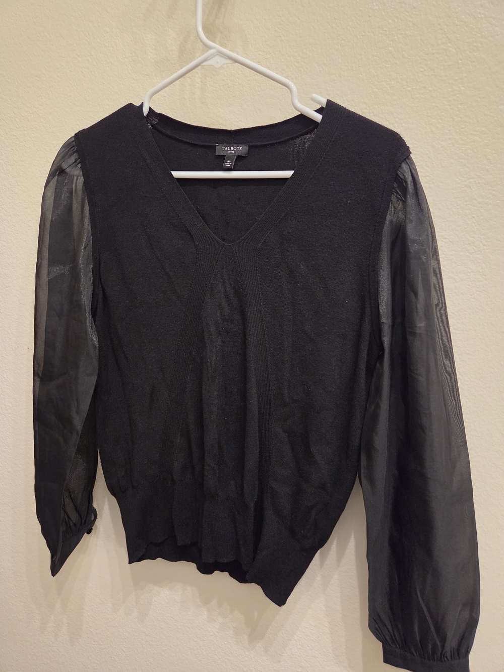 Talbots Black V-Neck Knit Sweater with Sheer Balloon Sleeves